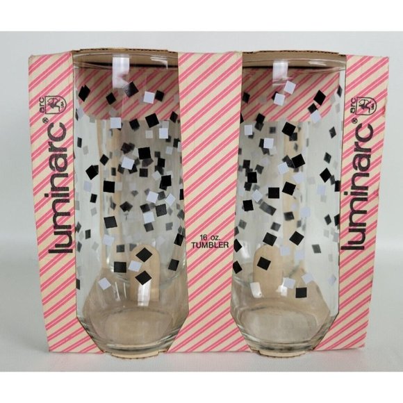 Vintage NOS Set of 4 Luminarc Durand Black White Confetti Tumbler Glasses 16oz - Picture 1 of 7